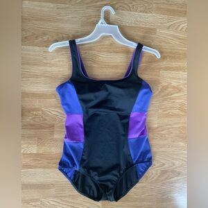 Lands' End 1-Piece Swimsuit Black W/ Purple Black Side block- Size 14P
